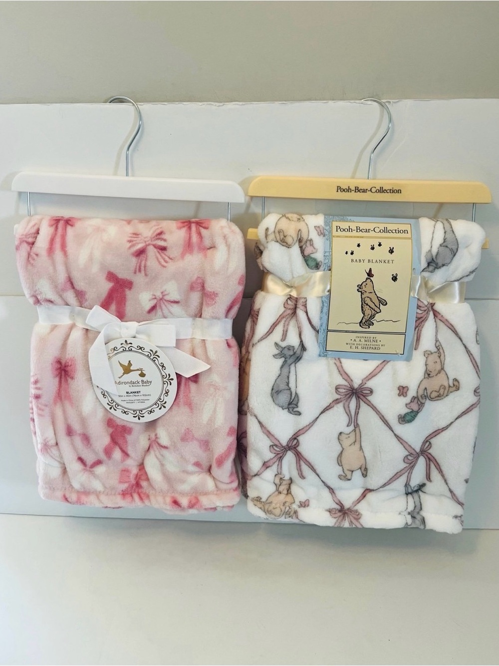 Winnie the Pooh & Adirondack Baby by Berkshire Lot of 2 Blankets Pink White Bows